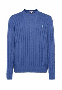 Maglione lavorato a maglia blu con motivo a trecce, collo rotondo, polsini e orlo a coste. Piccolo logo ricamato sul petto in azzurro chiaro.