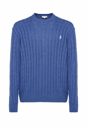 Maglione lavorato a maglia blu con motivo a trecce, collo rotondo, polsini e orlo a coste. Piccolo logo ricamato sul petto in azzurro chiaro.