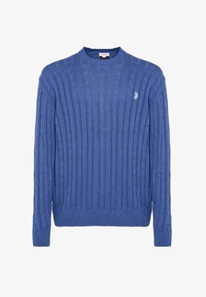 Maglione lavorato a maglia blu con motivo a trecce, collo rotondo, polsini e orlo a coste. Piccolo logo ricamato sul petto in azzurro chiaro.