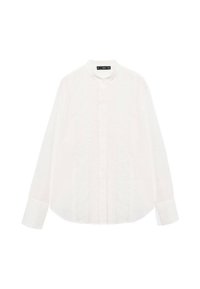 Witte blouse met lange mouwen en een ronde kraag, voorzien van een textuurdetail aan de voorkant en een knoopsluiting. Gladde stof met een reguliere pasvorm.