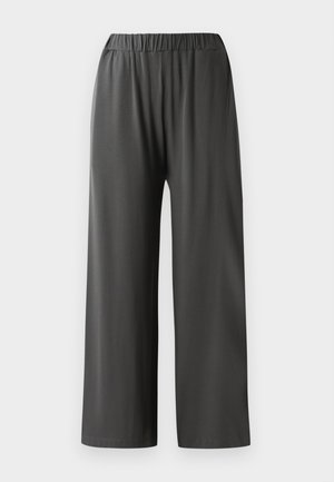 Wide-leg, black pants with an elasticated waistband. Made from a smooth, lightweight fabric. Features no visible pockets or patterns.