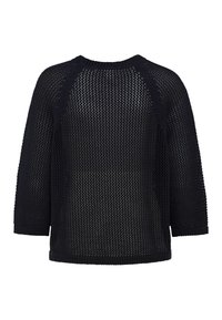 Pull noir à mailles larges avec manches trois-quarts, col rond, poignets et ourlet côtelés, vu de dos sur un fond blanc.