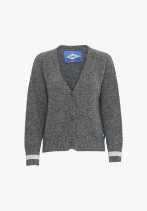 Cardigan gri tricotat, cu decolteu în V, cinci nasturi, manșete cu nervuri și un accent în dungi pe mânecile inferioare. Textură moale, design casual.