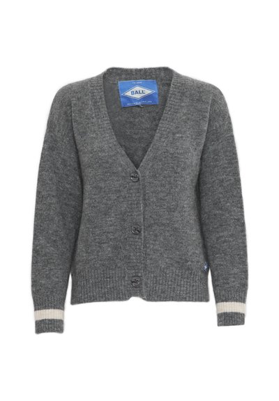 Sivý pletený kardigán s V-výstrihom, piatimi gombíkmi, rebrovanými manžetami a prúžkovým akcentom na dolných rukávoch. Mäkká textúra, ležérny dizajn.