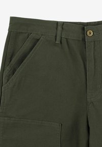 Zbliżenie na oliwkowe spodnie, na których widać przednią kieszeń, szlufkę na pasek i mosiężny guzik z wyrytym logo marki.