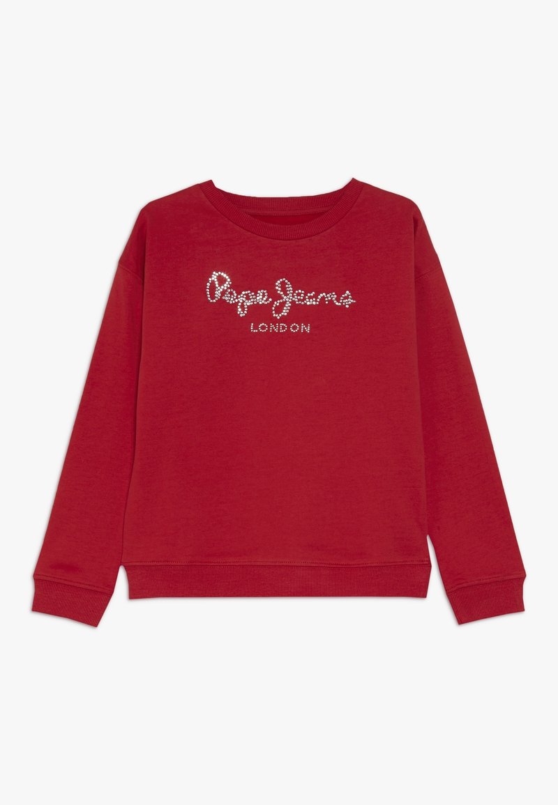 Sweat-shirt rouge à manches longues avec le texte "Pepe Jeans London" en strass blancs sur la poitrine, poignets côtelés et encolure ronde.