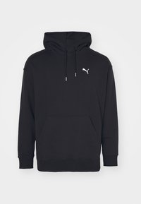 Sweatshirt à capuche noir avec une poche kangourou, des cordons de serrage ajustables et un logo Puma blanc sur la poitrine. Fabriqué en tissu en polaire doux.