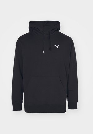 Sudadera con capucha negra, con un bolsillo tipo canguro, cordones ajustables y un logo blanco de Puma en el pecho. Fabricada en suave tejido de felpa.