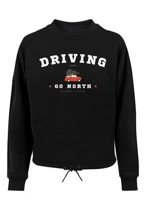 Black sweatshirt with a round neck, featuring white and red text reading "DRIVING HOME GO NORTH" and an illustration of a car with a tree.
