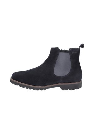 Black suede Chelsea ankle boot with elastic side panel, pull tab at the back, and rugged rubber sole.