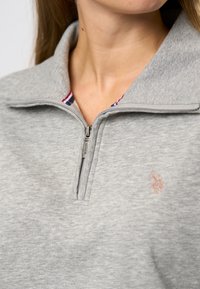 Šedá mikina na zips s vysokým golierom. Výrazné prvky zahŕňajú subtílne vyšívané logo a pruhovaný akcent vo vnútri goliera.