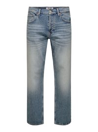 Jeans de denim azul claro con corte recto, detalles desgastados, cinco bolsillos y cierre de botón en la cintura.
