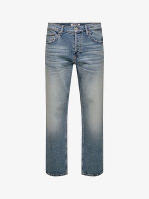 Jeans en denim bleu clair avec une coupe droite, des détails délavés, cinq poches et une fermeture à bouton à la taille.