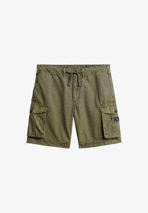Olijfgroene cargoshorts van lichtgewicht stof, met twee grote zijzakken, een sluiting met een strik aan de voorkant en een merkpatch op de rechterzak.