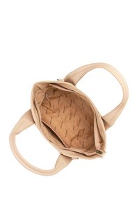 Beige leren handtas met een gestructureerd ontwerp, met twee handvatten en een ritssluiting. Interieur gevoerd met een patroonstof.