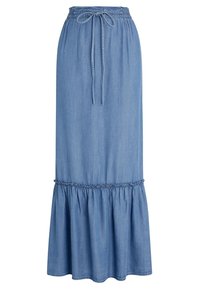 Jupe longue en denim bleu clair avec une taille élastique et un cordon, ornée d'un ourlet à volants et de fronces à la taille.