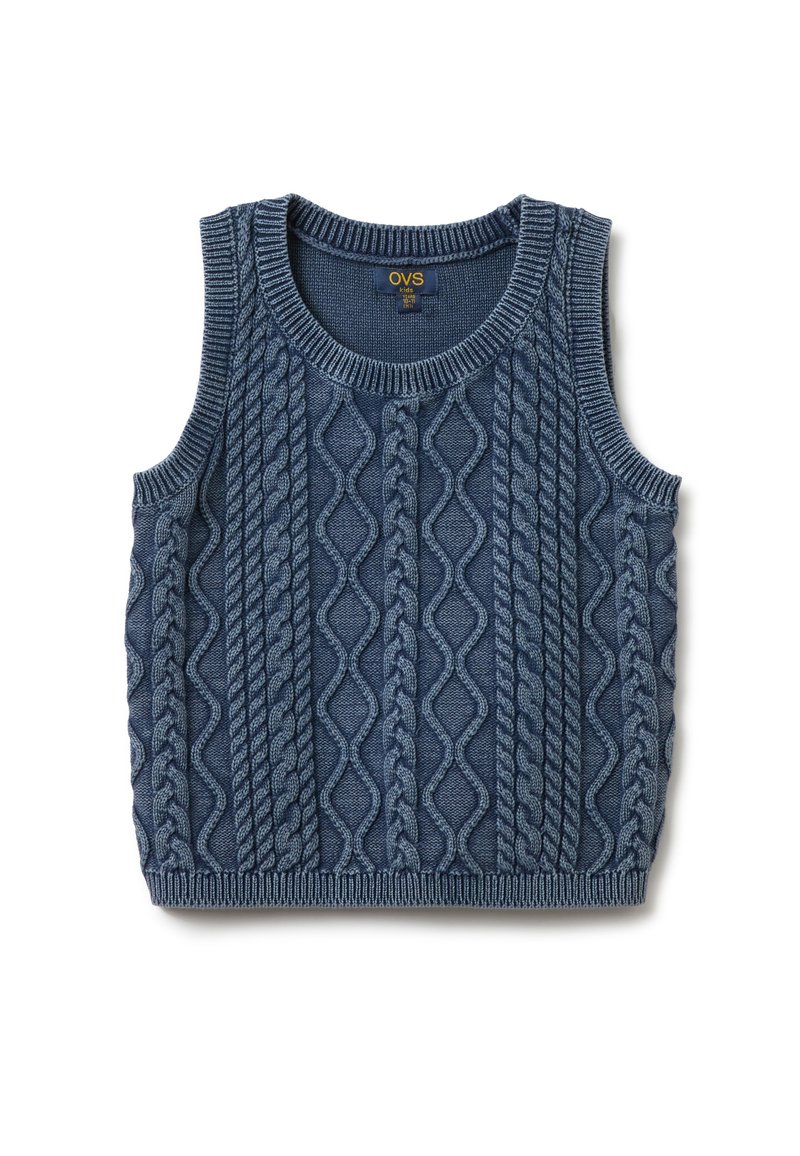 Marineblaues, gestricktes, ärmelloses Weste mit strukturiertem Zopf-Muster, Rundhalsausschnitt und gerippten Kanten. Eignet sich für legere Kleidung.