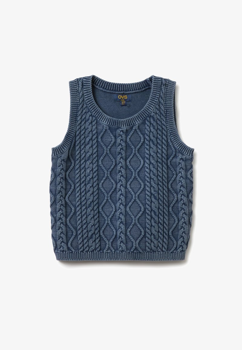 Marineblaues, gestricktes, ärmelloses Weste mit strukturiertem Zopf-Muster, Rundhalsausschnitt und gerippten Kanten. Eignet sich für legere Kleidung.