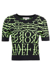 Černý pletený crop top s velkými zelenými grafickými textovými vzory. Krátké rukávy a kulatý výstřih dotvářejí design.