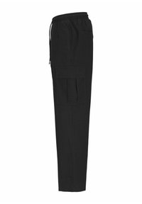 Pantalones cargo negros de algodón, con cintura ajustable con cordón, bolsillos laterales y un diseño de pierna recta para un ajuste funcional.