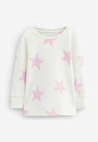 Sweatshirt blanc en tissu doux, orné de plusieurs étoiles roses imprimées sur toute la surface. Manches longues et col rond.