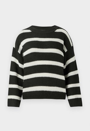Pull en tricot rayé noir et blanc avec un col rond et des manches longues. Le tissu a une apparence texturée et tissée.