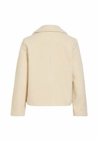 Veste en laine couleur crème avec manches longues et large col, vue de dos sur fond blanc.