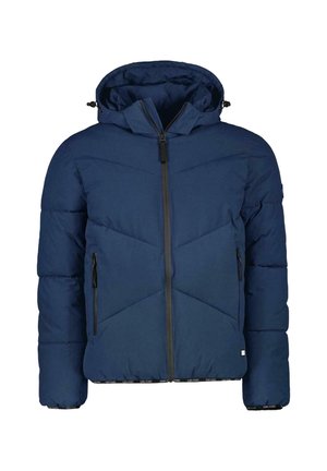 Marineblauwe pufferjack met een capuchon, rits aan de voorkant en diagonale stiksels. Bevat twee ritszakken aan de zijkanten en elastische manchetten.