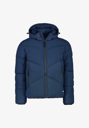 Marineblauwe pufferjack met een capuchon, rits aan de voorkant en diagonale stiksels. Bevat twee ritszakken aan de zijkanten en elastische manchetten.
