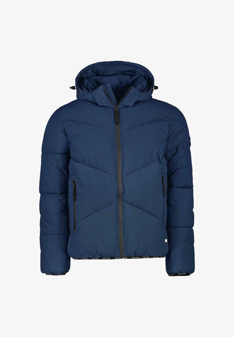 Marineblauwe pufferjack met een capuchon, rits aan de voorkant en diagonale stiksels. Bevat twee ritszakken aan de zijkanten en elastische manchetten.