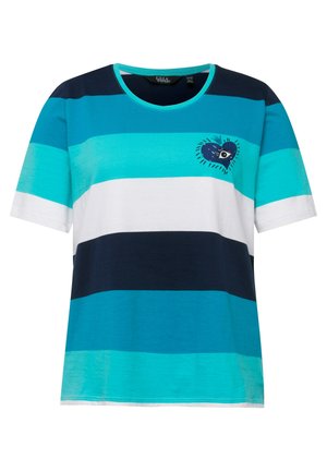 Gestreept T-shirt met afwisselende tinten turquoise, marineblauw en wit, voorzien van een hartvormige grafiek in donkerblauw en stikseldetails.