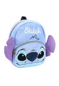 Zaino in peluche blu a forma del volto di un personaggio dei cartoni animati con grandi occhi. Presenta la scritta ricamata "Stitch" e orecchie in tessuto viola. Chiusura a zip.