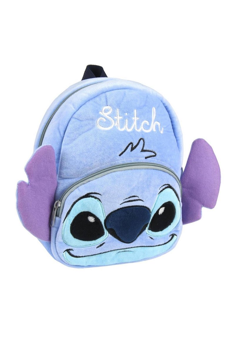 Zaino in peluche blu a forma del volto di un personaggio dei cartoni animati con grandi occhi. Presenta la scritta ricamata "Stitch" e orecchie in tessuto viola. Chiusura a zip.