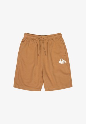 Pantalones cortos marrones con cintura elástica y cordón, bolsillos laterales y logo blanco de Quiksilver en la pierna izquierda.
