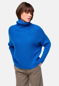 Pull à col roulé à manches longues de couleur bleu vif, en tissu tricoté texturé, avec une coupe ample et des poignets et un ourlet côtelés.