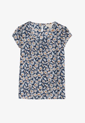 Blomstret bluse i marineblå med et hvidt marguerit mønster med orange centre. Korte ærmer, V-udskæring og nøglehul detalje på ryggen.