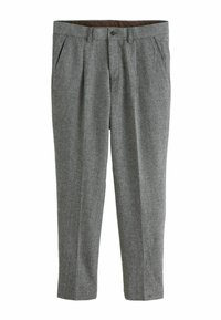 Grey wool trousers with a textured surface, featuring a straight-leg design, pleated front, and side pockets. Brown inner lining visible at the waist.