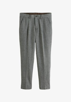 Grey wool trousers with a textured surface, featuring a straight-leg design, pleated front, and side pockets. Brown inner lining visible at the waist.