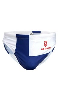 Blaue und weiße Badebriefs mit geometrischem Muster, versehen mit "MR UKKO" in Rot. Glatter Stoff, niedriger Schnitt und dehnbar.
