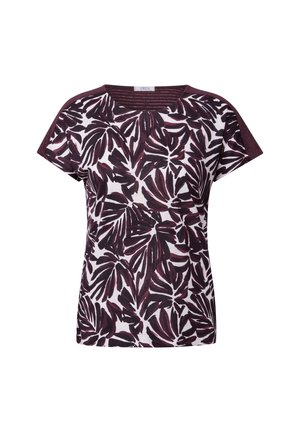 Kortärmad skjorta i vitt med mörk vinröd lövmönster. Har enfärgad vinröd trim på ärmar och halsringning i mjukt tyg.