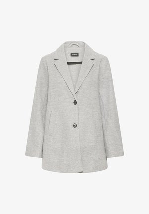 Grå uldblanding blazer med en klippet revers, to forlommer og tre knapper. Stoffet har en blød tekstur, ideel til lagdeling.