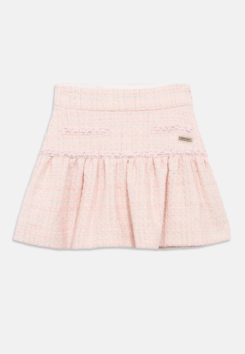 Φούστα από ροζ καρό ύφασμα με βολάν στο τελείωμα, διακοσμητικές ραφές και μικρή μεταλλική ετικέτα της μάρκας στο πάνω δεξί μέρος.