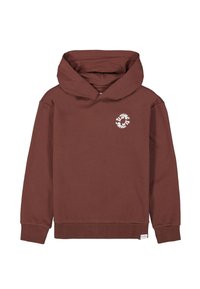 Sudadera con capucha marrón, hecha de material suave, con puños y dobladillo acanalados, y un logotipo gráfico circular blanco en el frente.