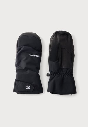 Paire de moufles isolantes noires avec un long poignet, l'une montrant la paume et l'autre le dos avec le logo Salomon.