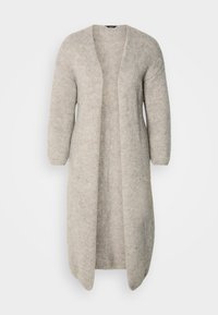 Light gray knit cardigan with long sleeves, open front, and a textured pattern. Soft material and relaxed silhouette.