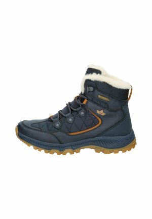 Dunkelblauer Winterstiefel mit Fellfutter, Schnürung vorne, robuster brauner Sohle und gepolstertem Knöchelschutz, der für kaltes Wetter entwickelt wurde.