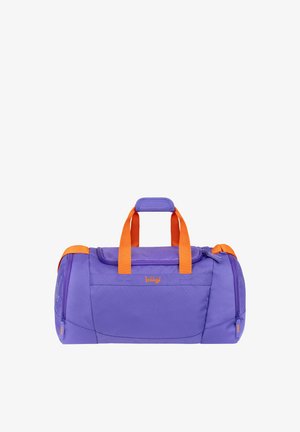 Lila Duffel-Tasche mit orangen Griffen und Akzenten, Front-Reißverschlusstasche, Seitentaschen und „baagl“-Logo in Orange bestickt.