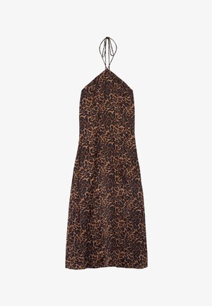Robe style halter avec une coupe fluide, présentant un motif abstrait noir et marron sur un tissu léger. Se noue au cou.
