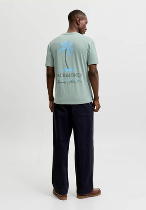 Homme portant un t-shirt vert clair avec un motif palmier bleu et du texte, pantalon foncé et chaussures marron, debout, dos tourné, sur fond uni.