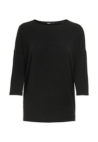 Musta, löysästi istuva pusero, jossa on kolmannelta neljännekseen yltävät hihat, pyöreä pääntie ja pehmeä, tekstuuriainen kangas. Ei näkyviä kuvioita tai yksityiskohtia.